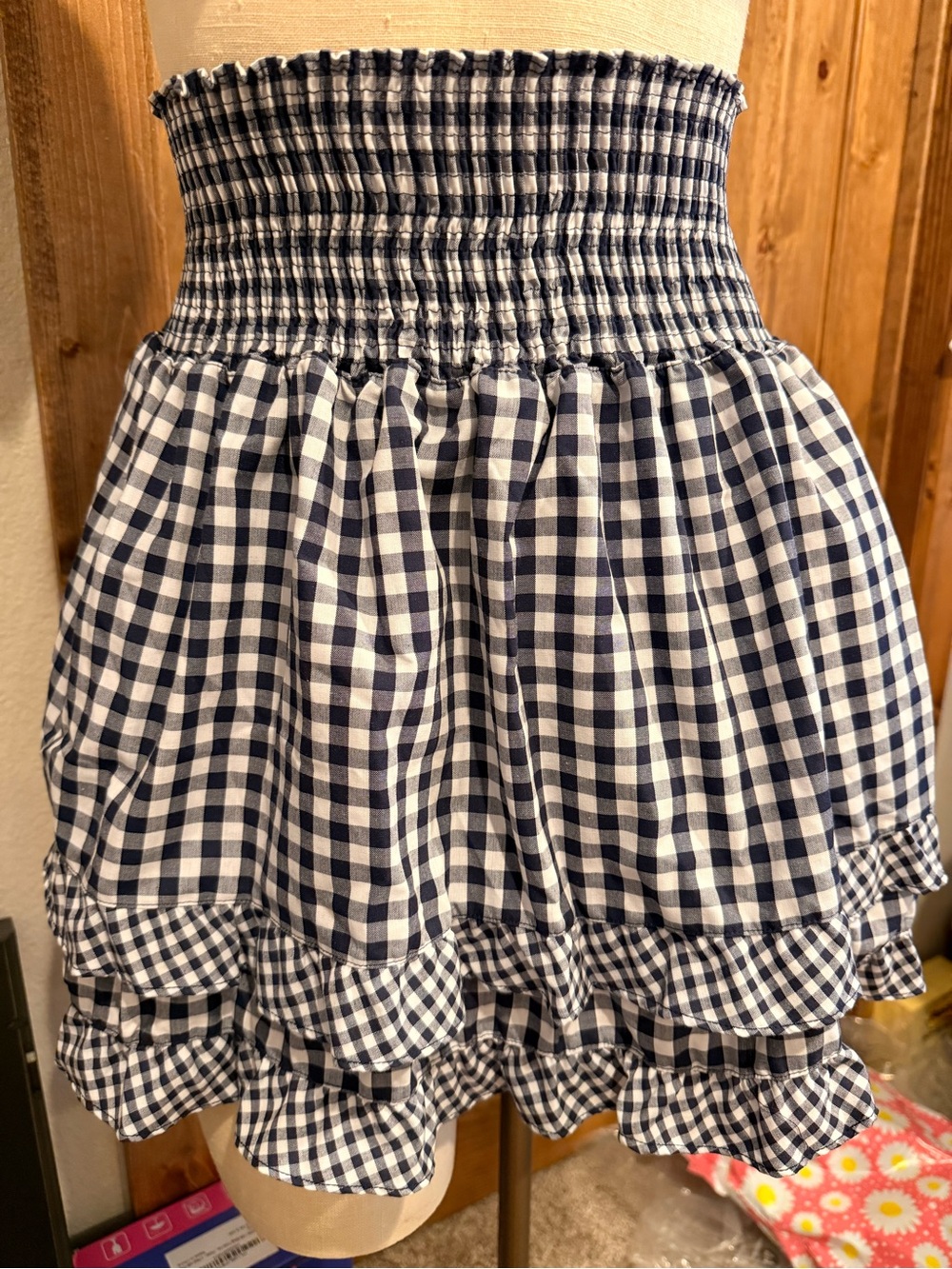 Peixoto Navy & White Gingham Smocked Ruffle Mini Skirt